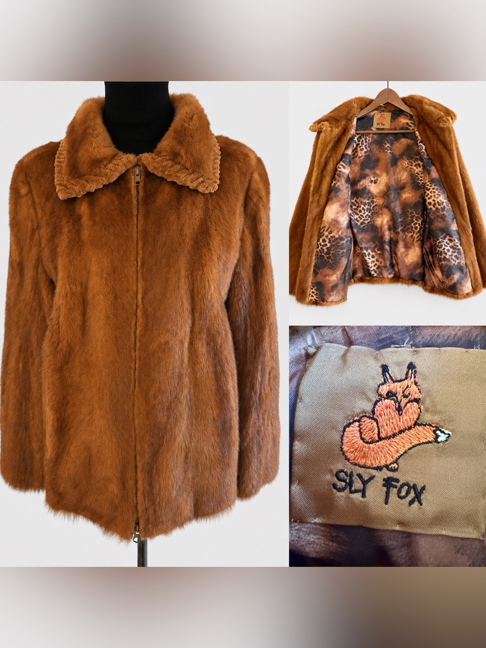 VTG SLY FOX Genuine Mink Fur Jacket Leopard Print Satin Lining Mob Wife M Mint